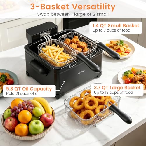 COSTWAY Deep Fryer with Touch Screen, 5.3-Qt/5L Electric Fryers with Basket, 6 Presets, 1700W Stainless Steel Countertop Fryer Pot w/Enamel Oil Tank, Viewing Window, Anti-Grease Filter & Timer, Black