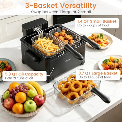 COSTWAY Deep Fryer with Touch Screen, 5.3-Qt/5L Electric Fryers with Basket, 6 Presets, 1700W Stainless Steel Countertop Fryer Pot w/Enamel Oil Tank, Viewing Window, Anti-Grease Filter & Timer, Black