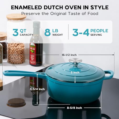 Onader 3QT Enameled Cast Iron Saucepan with Lid, Small Sauce Pan, Enamel Cast Iron Dutch Oven Cooking Pot, Nonstick & Heavy Duty – Dark Cyan