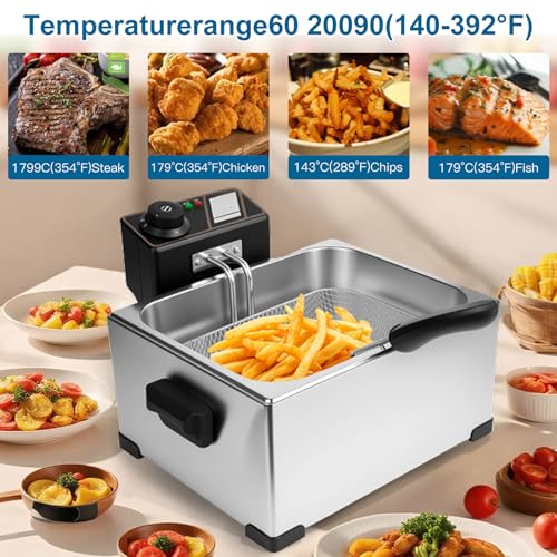 5 Liters Large Deep Fryer with Basket for Home Use, Electric Fryer with 3 Frying Baskets, Adjustable Temperature Control, Countertop Stainless Steel Deep Fryer with Basket for Home Use