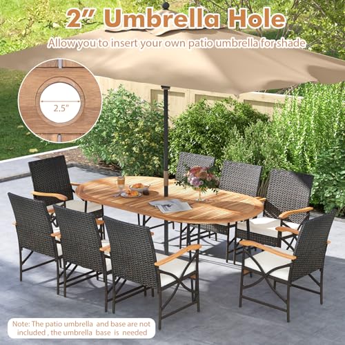Tangkula 9 Pieces Patio Rattan Dining Set, Outdoor Oval Acacia Wood Dining Table and 8 Patio Wicker Armchairs Set with Umbrella Hole, Cushions, Metal Frame, Outdoor Dining Furniture Set for Garden