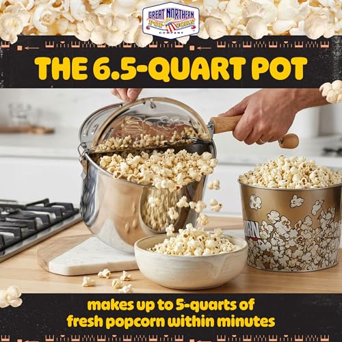 Stovetop Popcorn Maker - 6.5-Quart Stainless-Steel Popcorn Popper with a Hand Crank, Vented Lid, and Stir Paddle by Great Northern Popcorn (Silver)