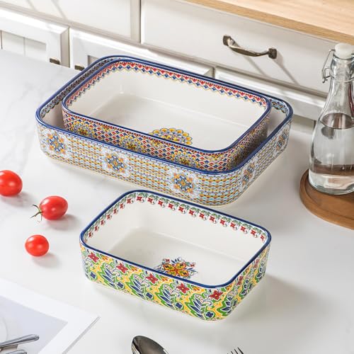Casserole Dishes for Oven, Ceramic Baking Dishes Set of 3, Rectangular Lasagna Pans, Ceramic Bakeware Set for Baking, Roasting and Serving - Boho Style