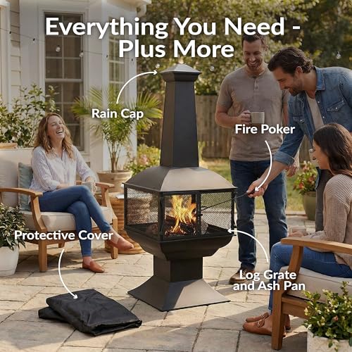 Sunnydaze 57-Inch Large Chiminea Outdoor Fireplace - Steel Wood-Burning Chiminea Outdoor Fire Pit with Cover, Wood Grate, and Poker
