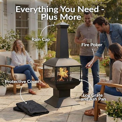 Sunnydaze 57-Inch Large Chiminea Outdoor Fireplace - Steel Wood-Burning Chiminea Outdoor Fire Pit with Cover, Wood Grate, and Poker