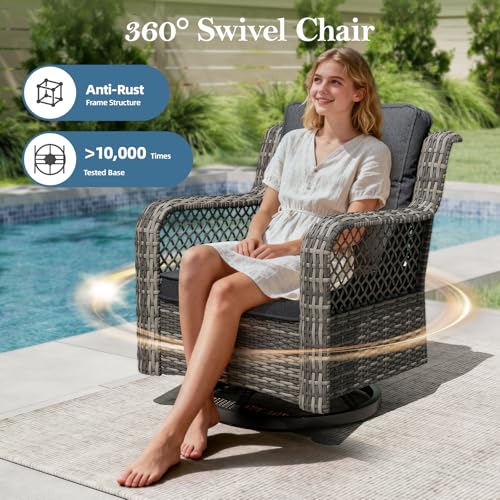 Mvpipi Patio Bistro Sets 3 Pieces with 360° Swivel Chairs Set of 2 - Outdoor Patio Furniture Set with PE Wicker Chairs and Side Table, Patio Conversation Sets for Porch, Garden, Balcony, Dark Gray