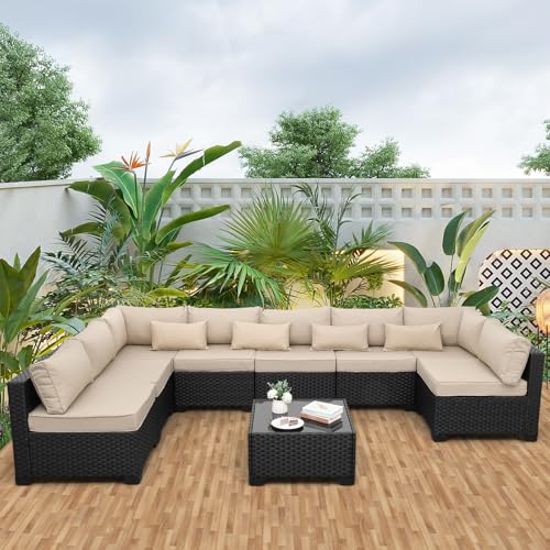 Rattaner 9 Pieces Outdoor Sectional All-Weather Wicker Patio Furniture Set Patio Sectional Glass Patio Table Non-Slip Cushions and Waterproof Covers, Khaki