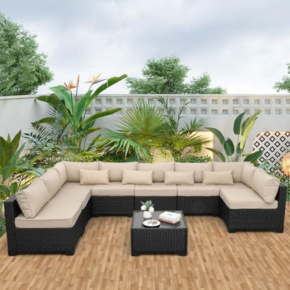 Rattaner 9 Pieces Outdoor Sectional All-Weather Wicker Patio Furniture Set Patio Sectional Glass Patio Table Non-Slip Cushions and Waterproof Covers, Khaki