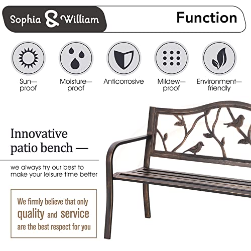 Sophia & William Outdoor Bench, Porch Bench, Garden Bench, Wrought Iron Bench with Backrest and Armrests, Bronze