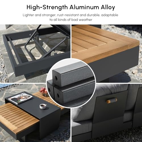 homary Outdoor Conversation Sets, 6 Piece Aluminum & Teak Patio Sectional Sofa Set with Adjustable Backrests, Waterproof Cushions, Ideal for Patios & Balconies