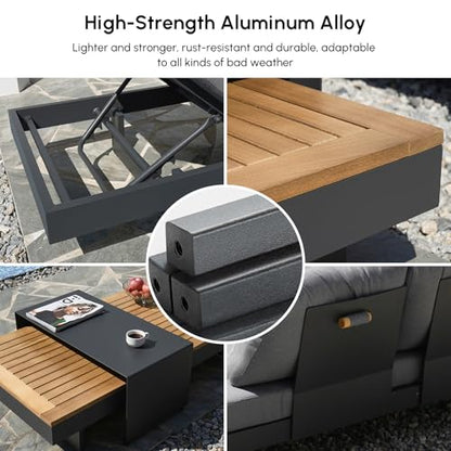 homary Outdoor Conversation Sets, 6 Piece Aluminum & Teak Patio Sectional Sofa Set with Adjustable Backrests, Waterproof Cushions, Ideal for Patios & Balconies