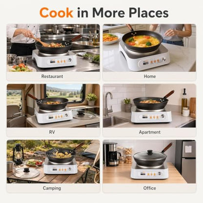 NESTIQEX Concave Induction Wok Cooktop Set, 1700W 120V Portable Induction Burner Electric Hot Plate with 13.4" Carbon Steel Wok, Glass Lid & Rack, Upgraded Steady Heat Control for Stir Fry & Hot Pot