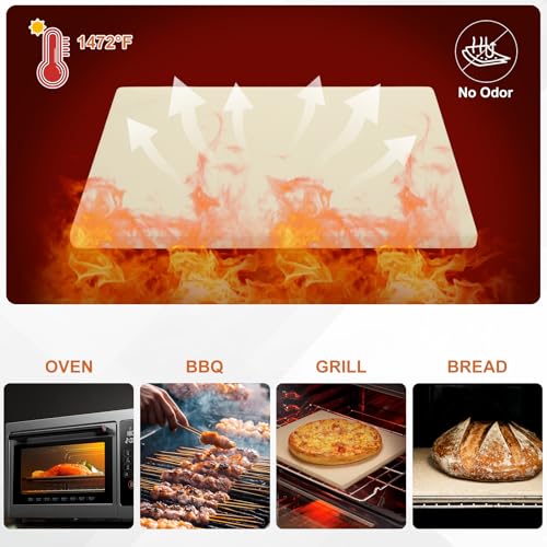 FVIEXE 4 PCS Oven Pizza Stone Set, 15 x 12 Inch Large Rectangle Pizza Stone with Wooden Pizza Peel, Pizza Cutter & 10PCS Cooking Paper for Oven & Outdoor Grill, Baking Stone Pan for Pizza, Bread