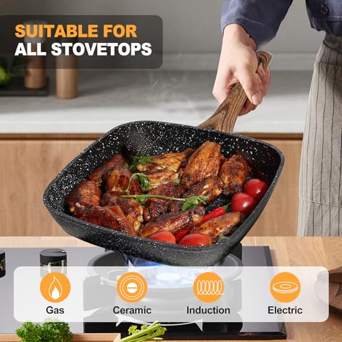 OLIXIS Nonstick Frying Pan Skillet Set, 3 Piece Square Grill Pans for Indoor Outdoor RV Camping Cooking, PFOA Free Skillet Set with Stay Cool Handle, Compatible with All Stovetops (9.5" 10" 11") Black