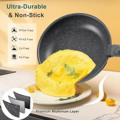 NEWBULIG 12-Piece Pots and Pans Set, Nonstick Cookware Set with Detachable Handle, Non toxic Induction Kitchen Cooking Set with Frying Pans Set, Dishwasher ＆ Oven Safe, RV Friendly, Black