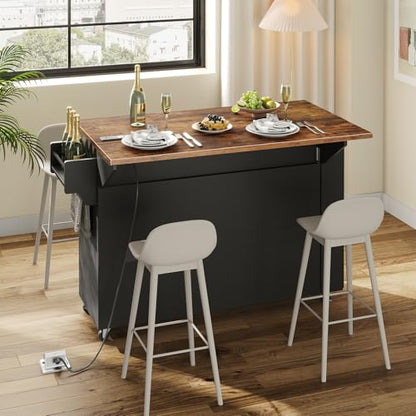 HOOBRO Kitchen Island on Wheels, Kitchen Storage Island with Power Outlet & Drop Leaf, Island Table with Open Shelves, 2 Drawers, for Kitchen, Rustic Brown and Black BF35UZD01