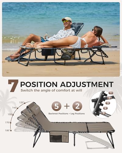 KingCamp Tanning Chair with Face Hole, Lounge Chairs Outdoor Folding Comfy Adjustable 5-Position Lay Flat Foldable Chaise Chaser Lounger for Outside Beach Patio Sun Bathing Pool, Beige