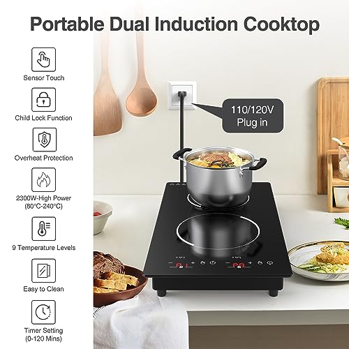 GIHETKUT Double Induction Cooktop,110V 2 Burner Induction Cooktop,2300W Electric Stove Top with Independent Control, Ultrathin Body, 9 Temperature, Multiple Power Levels, 2 Hour Timer, Safety Lock