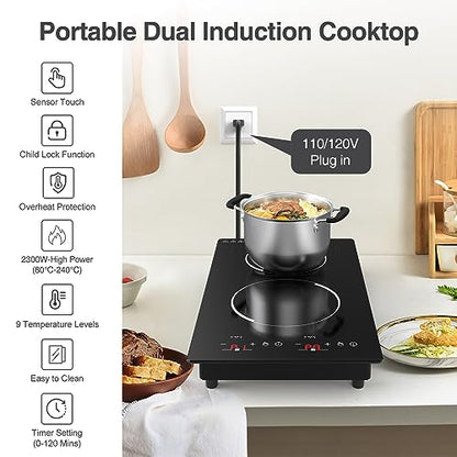 GIHETKUT Double Induction Cooktop,110V 2 Burner Induction Cooktop,2300W Electric Stove Top with Independent Control, Ultrathin Body, 9 Temperature, Multiple Power Levels, 2 Hour Timer, Safety Lock