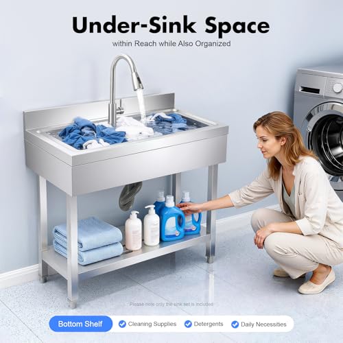 Stainless Steel Utility Sink, Freestanding Single Bowl Utility Sink with Storage Rack, Faucet, Commercial Bowl Kitchen Sinks for Kitchen Laundry Room Farmhouse Indoor and Outdoor, 39" x 20" x 31.5"