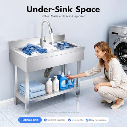 Stainless Steel Utility Sink, Freestanding Single Bowl Utility Sink with Storage Rack, Faucet, Commercial Bowl Kitchen Sinks for Kitchen Laundry Room Farmhouse Indoor and Outdoor, 39" x 20" x 31.5"