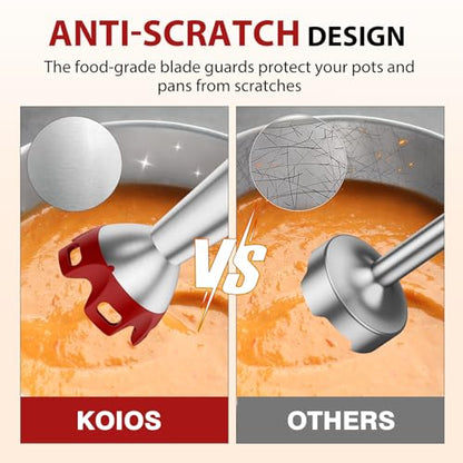 KOIOS Immersion Blender, 1000W Anti-scratch 3-in-1 Hand Blender, Upgraded 12 Speed Stainless Steel Blade Stick Blender with Turbo Mode, Whisk and Milk Frother, Non-BPA, Red
