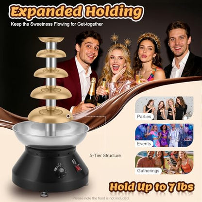 Commercial Chocolate Fountain, 5 Tier 7 Ibs Large Commercial Hot Chocolate Fondue Tower, 230W Electric Chocolate Fondue Fountain Machine 86-230℉ Temperature Adjustable (Black)