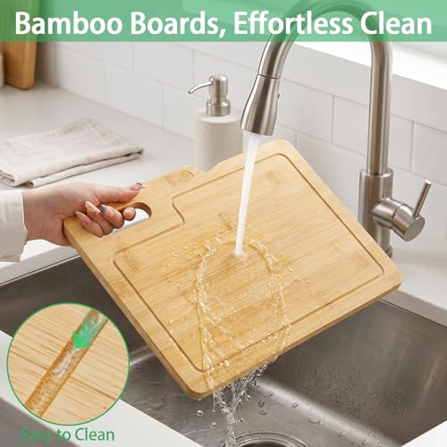 ZENFUN 4 Pack 12.5"L x 9.8"W Bamboo Cutting Boards with Holder, Wood Cutting Board Set, Chopping Boards Set with Food Icons, Kitchen Cutting Board Ideal for Meat, Fish, Bread, Vegetable, Fruit