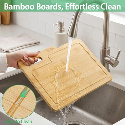 ZENFUN 4 Pack 12.5"L x 9.8"W Bamboo Cutting Boards with Holder, Wood Cutting Board Set, Chopping Boards Set with Food Icons, Kitchen Cutting Board Ideal for Meat, Fish, Bread, Vegetable, Fruit