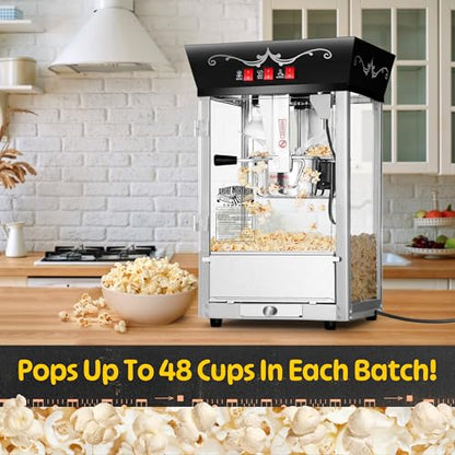 Matinee Popcorn Machine - 8oz Popper with Stainless-Steel Kettle, Reject Kernel Tray, Warming Light, and Accessories by Great Northern Popcorn (Black)