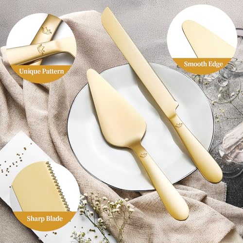Cake Cutting Set for Wedding - Extended Cake Knife and Server Set Thickened Stainless Steel 13.0" Cake Cutter 10.49" Pie Spatula Great for Birthday Anniversary Christmas Gift 2 Pcs Gold
