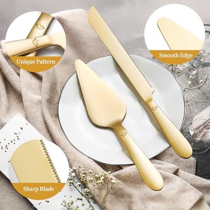 Cake Cutting Set for Wedding - Extended Cake Knife and Server Set Thickened Stainless Steel 13.0" Cake Cutter 10.49" Pie Spatula Great for Birthday Anniversary Christmas Gift 2 Pcs Gold