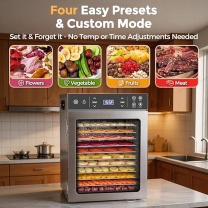 Suteck 12-Tray Food Dehydrator, 800W Dehydrator Machine with Stainless Steel Trays, Dual Fans & 360° Airflow, Digital Temp & Timer Control with 4 Presets, Quiet Dryer for Jerky, Fruit, Meat, Herbs