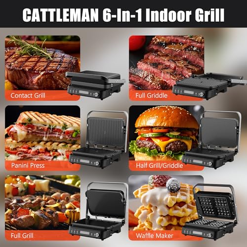 CATTLEMAN Panini Grill Press Sandwich Maker with Removable Plates, 1600W, 6 in 1 Waffle Maker & Electric Indoor Grill with Meat Thermometer, PFAS Free Ceramic Nonstick Reversible Plates, Opens Flat