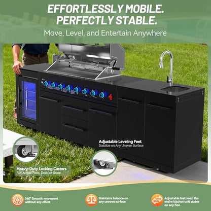 VESTIVIUM 112" All-in-One Outdoor Kitchen, 8-Burner Modular Grill Station, Powder Coating Black SS304 & Black Granite, Sink, Fridge, Complete BBQ Set for Large Patios & Backyards (Propane)