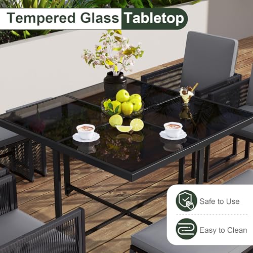 Tangkula 9 Pieces Patio Dining Set, Outdoor Space-Saving Furniture Set with PE Rattan Chairs, Tempered Glass Table and Ottomans, Outdoor Sectional Conversation Set with Cushions for Yard