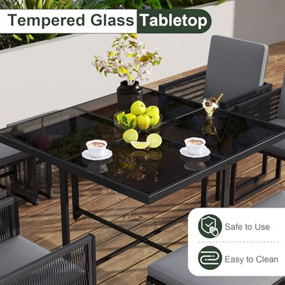 Tangkula 9 Pieces Patio Dining Set, Outdoor Space-Saving Furniture Set with PE Rattan Chairs, Tempered Glass Table and Ottomans, Outdoor Sectional Conversation Set with Cushions for Yard