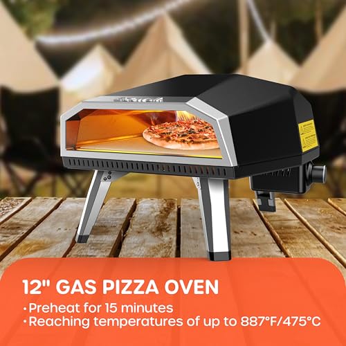 Outdoor Propane Gas Pizza Oven – 12" Camping Pizza Oven with Gas Regulator Cooks Pizza In 80-second, Propane Grill Reaches 930°F, with Pizza Stone/Peel/Cutter/Infrared Thermometer (12 Inches)