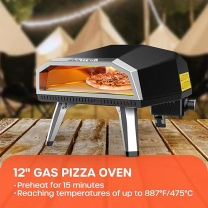 Outdoor Propane Gas Pizza Oven – 12" Camping Pizza Oven with Gas Regulator Cooks Pizza In 80-second, Propane Grill Reaches 930°F, with Pizza Stone/Peel/Cutter/Infrared Thermometer (12 Inches)