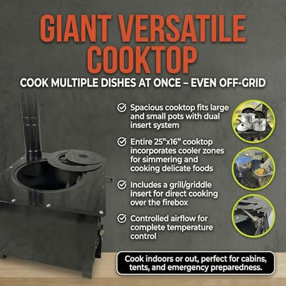 Trailblazer Cookstove – Wood Fired Stovetop with Oven for Off-Grid Living, Camping, RV, Hunting, Prepping, Emergency Heat & Cooking