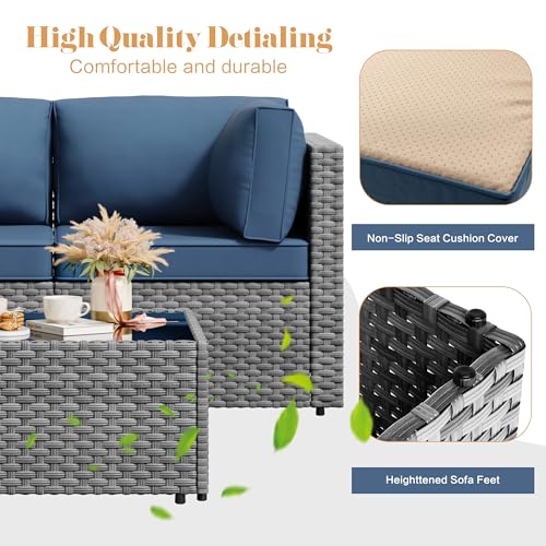 Vongrasig 5 Pieces Patio Furniture Set with Cushion, Glass Table, Navy Blue