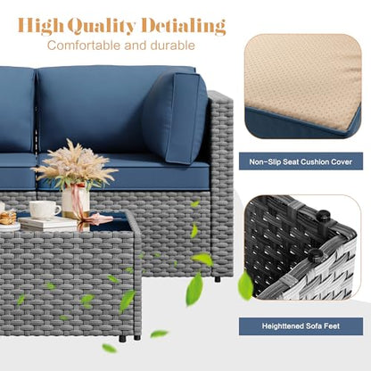 Vongrasig 5 Pieces Patio Furniture Set with Cushion, Glass Table, Navy Blue