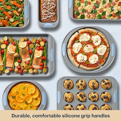 Pyrex 8-Piece Metal Bakeware Set, Lightweight Stainless Steel Baking Trays with Heatsafe Silicone Handles, Cookie & Muffin Sheets, Round/Square Baking Pans, Cerulean
