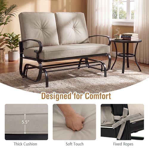 GIANTEX Outdoor Glider Bench, Patio 2 Person Loveseat with Removable Cushion, Thick Padded Seat, Stable Steel Frame, Outside Glider Swing Chair for Deck, Poolside, Yard, Balcony, Porch, Beige