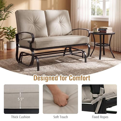GIANTEX Outdoor Glider Bench, Patio 2 Person Loveseat with Removable Cushion, Thick Padded Seat, Stable Steel Frame, Outside Glider Swing Chair for Deck, Poolside, Yard, Balcony, Porch, Beige