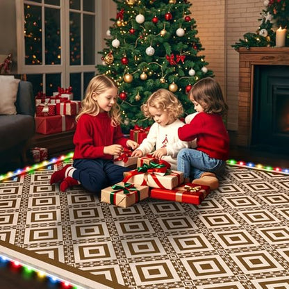 Pafolo Outdoor Rug Waterproof, 8'x10' Reversible Patio Rug with Lights, 4 Rug Stakes, Non Shedding, Easy Cleaning, Foldable Outside Mat for RV, Camping, Porch, Deck, Beach, Patio, Picnic, Brown&White