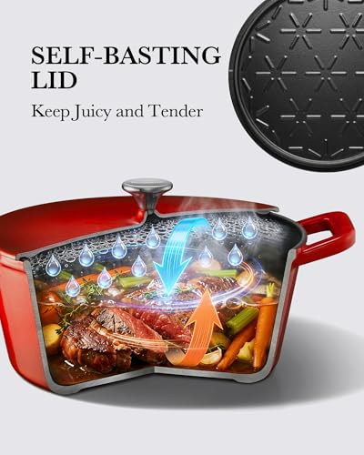 Dutch Oven Pot with Lid, 6QT Cast Iron Dutch Oven, Heavy Duty & Dual Handle, Dutch Oven for Bread Baking, Specialty Bread & Loaf Forms, Braising & Roasting, Sourdough Bread Baking, Oven Safe up to 500℉, Cast Iron Pot Compatible with All Cooktops, Cerise