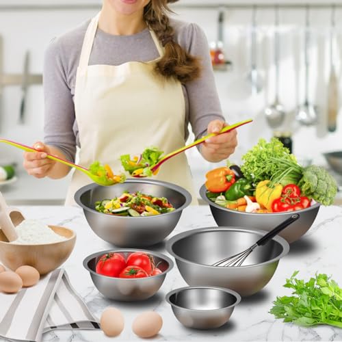YGFRSTO Mixing Bowl Set of 5, Stainless Steel Mixing Bowls, Nesting Whisking Bowl Set for Cooking, Baking, Serving, Food/Salad Prep
