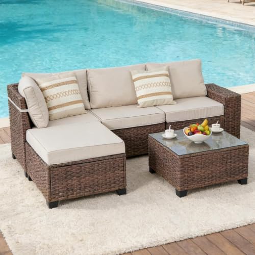 PAIQIAN 5 Piece Patio Furniture Set, Wicker Outdoor Sectional, Beige/Brown