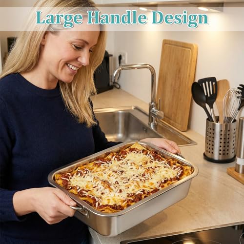 4 Inch Extra Deep Lasagna Pan with Lid and Handles, 14x10.6 Inch Stainless Steel Large Baking Dish Tray, Nonstick Lasagna Baking Thick Metal Roasting Pan for Casserole Brownie Turkey, Silver